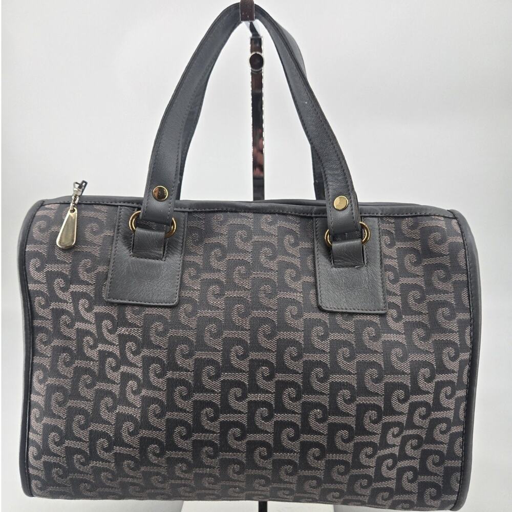 Vintage 1980s Pierre Cardin Monogram Logo Satchel Gray Blue Designer Bag Purse